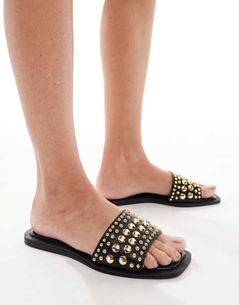 SEQWL Honeysuckle flat sandal with studdedstrap in black - view 1