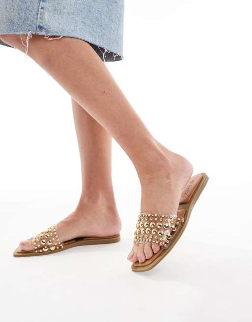 SEQWL - Honeysuckle - Platte sandalen met bandjes met studs en brede pasvorm in transparant, 4 van 4