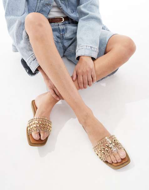 SEQWL Honeysuckle Wide Fit flat sandal with studded strap in clear - view 1