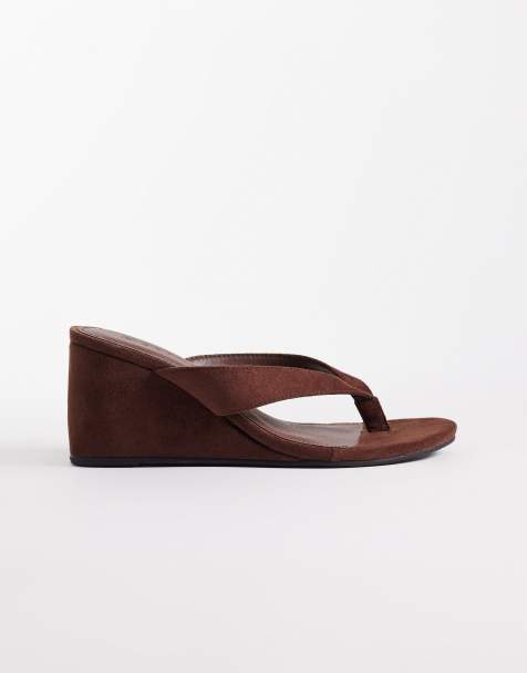 SEQWL Ines thong wedge sandal in brown micro - view 1