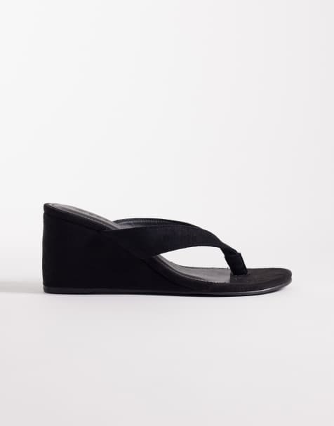SEQWL Ines thong wedge sandals in black micro - view 1