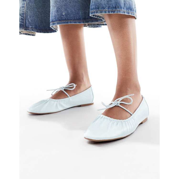 SEQWL Iris tie detail ruched ballet flats in baby blue satin ASOS
