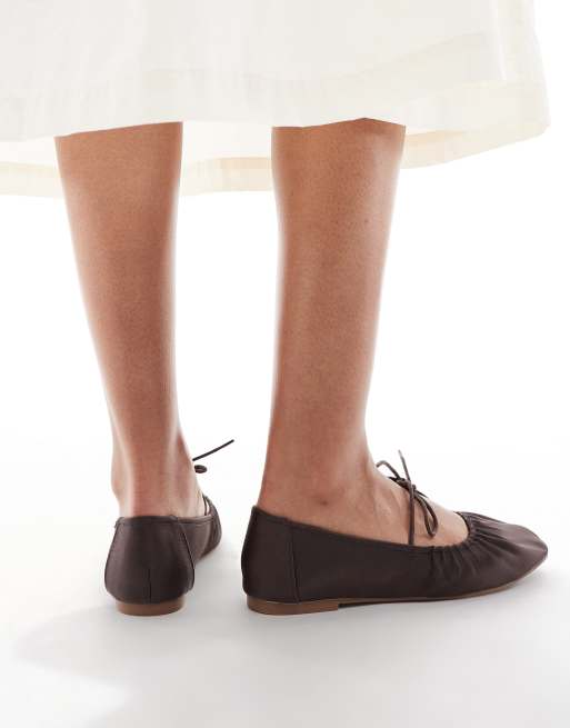 SEQWL Iris tie detail ruched ballet flats in chocolate satin
