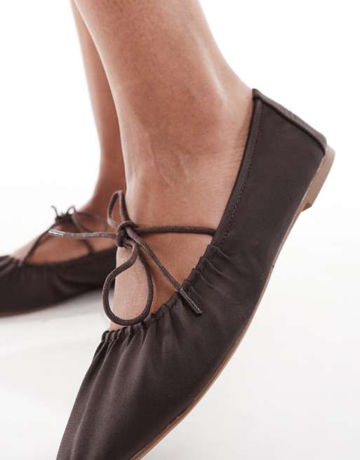 SEQWL Iris tie detail ruched ballet flats in chocolate satin