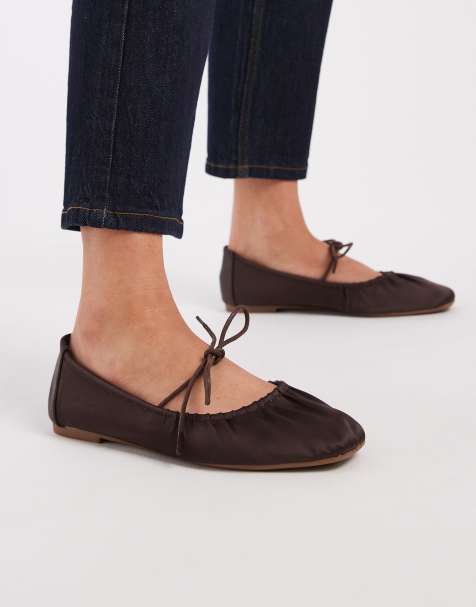 SEQWL Iris Wide fit tie detail ruched ballet flats in chocolate satin - view 1