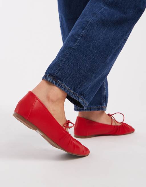 SEQWL Iris Wide fit tie detail ruched ballet flats in soft red PU, 2 of 4