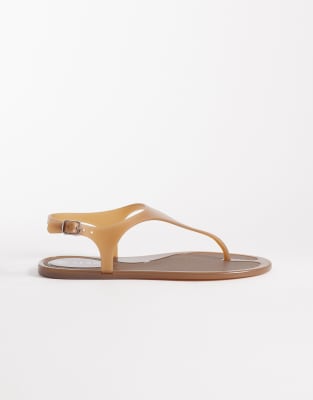 Seqwl Jelly Thong Sandals With Buckle Detail In Brown