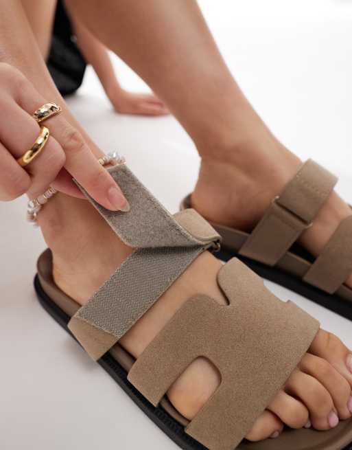 SEQWL Kidman Wide Fit faux nubuck sandals with straps in taupe