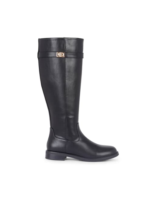 SEQWL Knee high boots block heel with round toe and buckle detail in black, 2 of 2