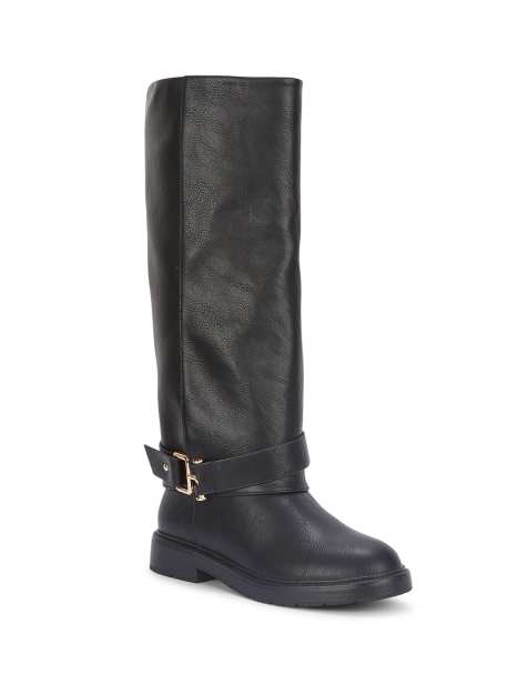 SEQWL Knee high boots with low block heel and buckle ankle strap in black - view 1