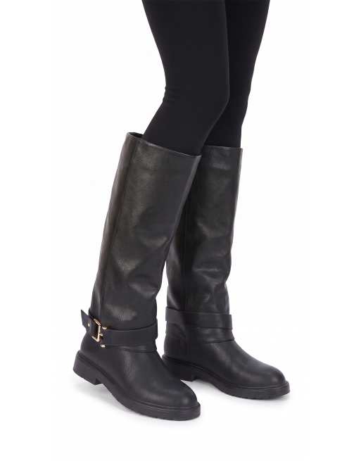 SEQWL Knee high boots with low block heel and buckle ankle strap in black, 3 of 5