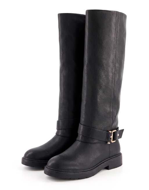 SEQWL Knee high boots with low block heel and buckle ankle strap in black, 4 of 5