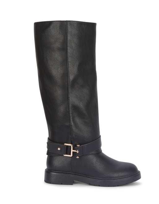 SEQWL Knee high boots with low block heel and buckle ankle strap in black, 5 of 5