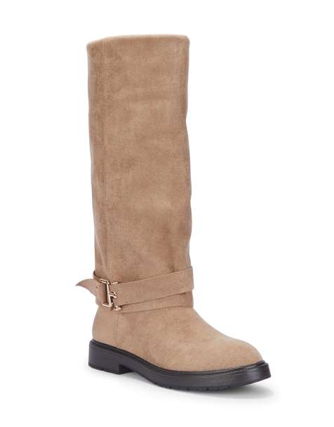 SEQWL Knee high boots with low block heel and buckle ankle strap in taupe - view 1