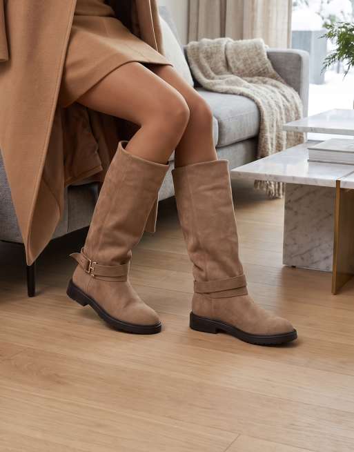 SEQWL Knee high boots with low block heel and buckle ankle strap in taupe, 2 of 5