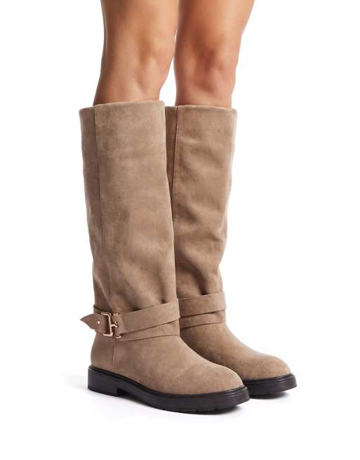 SEQWL Knee high boots with low block heel and buckle ankle strap in taupe, 3 of 5