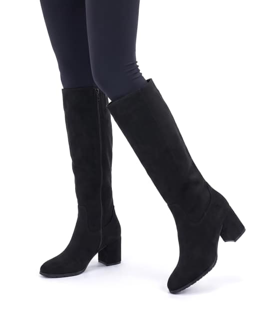 SEQWL Knee high boots with pointed toe and mid block heel in black, 3 of 5