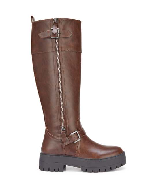 SEQWL Knee high boots with zip & buckle fastening casual shoes in chocolate, 3 of 5
