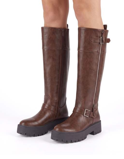 SEQWL Knee high boots with zip & buckle fastening casual shoes in chocolate, 4 of 5