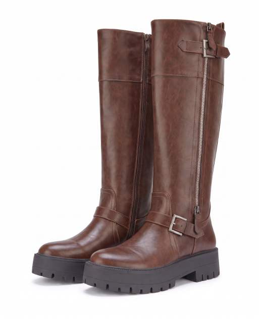 SEQWL Knee high boots with zip & buckle fastening casual shoes in chocolate, 5 of 5
