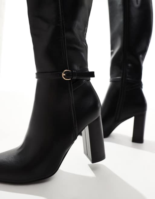 Black fashion buckle heel boots