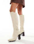 SEQWL knee high buckle boots in cream-White