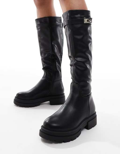 SEQWL knee high buckle flat riding boot in black ASOS
