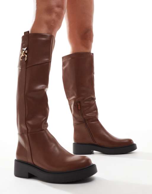 SEQWL knee high buckle flat riding boot in tan