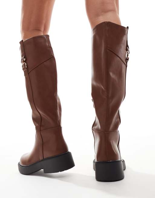 SEQWL knee high buckle flat riding boot in tan ASOS