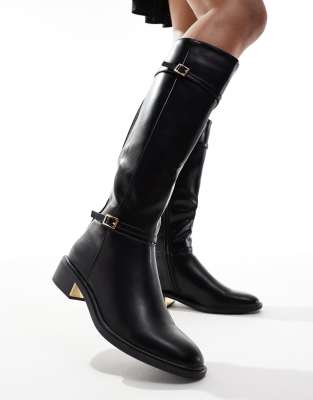 knee high flat riding boots in black