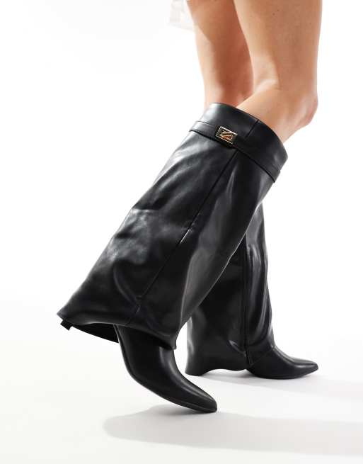 SEQWL knee high fold over buckle boot in black PU | ASOS