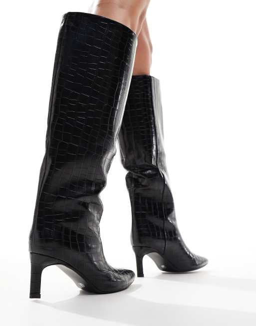 SEQWL knee high kitten heel boot in black croc ASOS