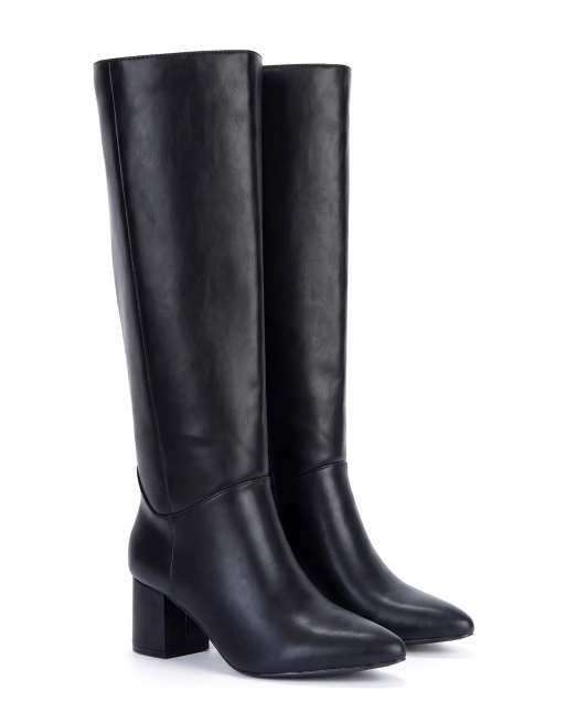 SEQWL Knee high riding boots pointed toe with mid block heel in black, 4 of 5