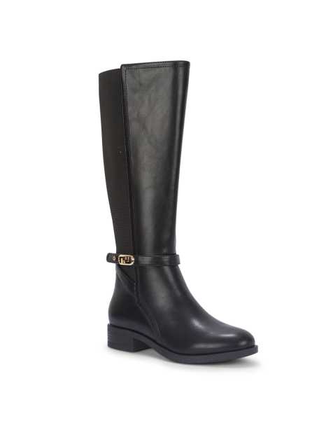 SEQWL Knee high riding boots stretch back with buckle ankle strap in black - view 1