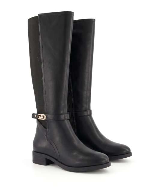 SEQWL Knee high riding boots stretch back with buckle ankle strap in black, 4 of 5