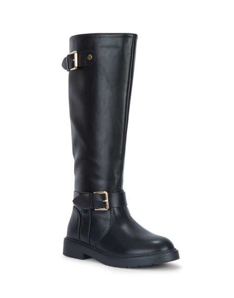 SEQWL Knee high riding boots with double buckles and straps in black - view 1