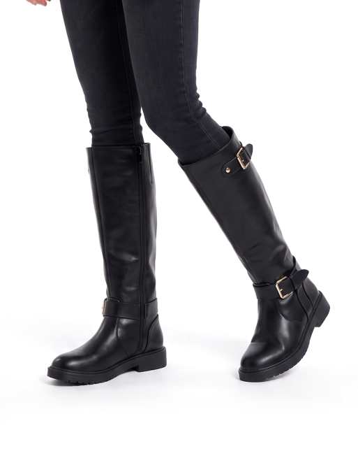 SEQWL Knee high riding boots with double buckles and straps in black, 3 of 5
