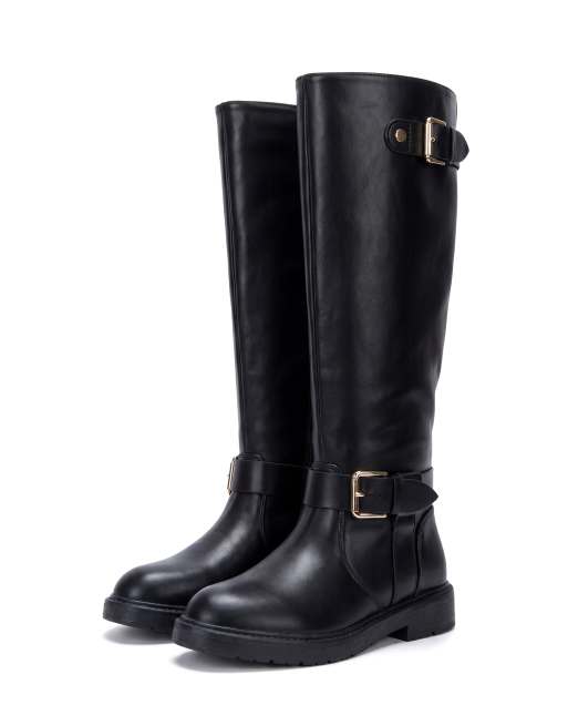 SEQWL Knee high riding boots with double buckles and straps in black, 4 of 5