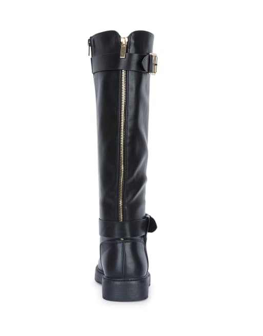 SEQWL Knee high riding boots with double buckles and straps in black, 5 of 5