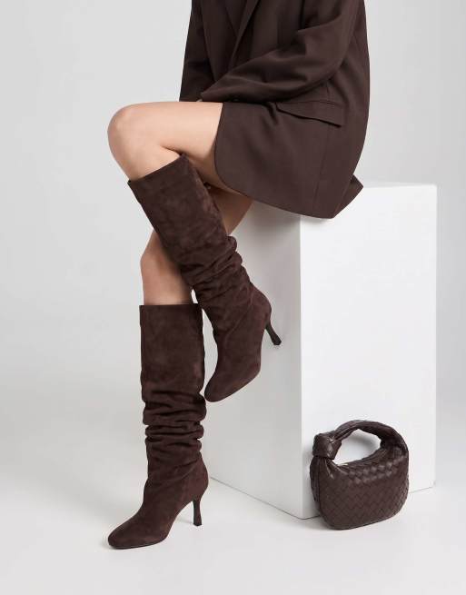 SEQWL Knee high slouch boots stiletto high heel with almond toe in chocolate, 2 of 5
