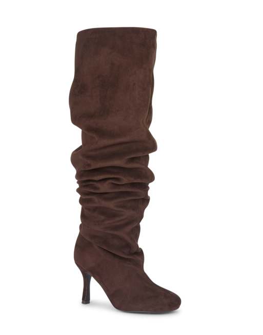 SEQWL Knee high slouch boots stiletto high heel with almond toe in chocolate, 3 of 5