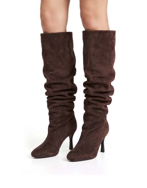 SEQWL Knee high slouch boots stiletto high heel with almond toe in chocolate, 4 of 5