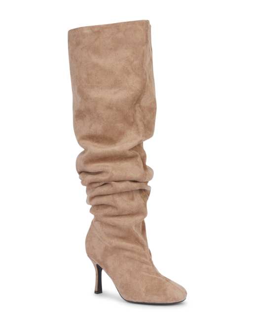 SEQWL Knee high slouch boots stiletto high heel with almond toe in taupe, 3 of 5