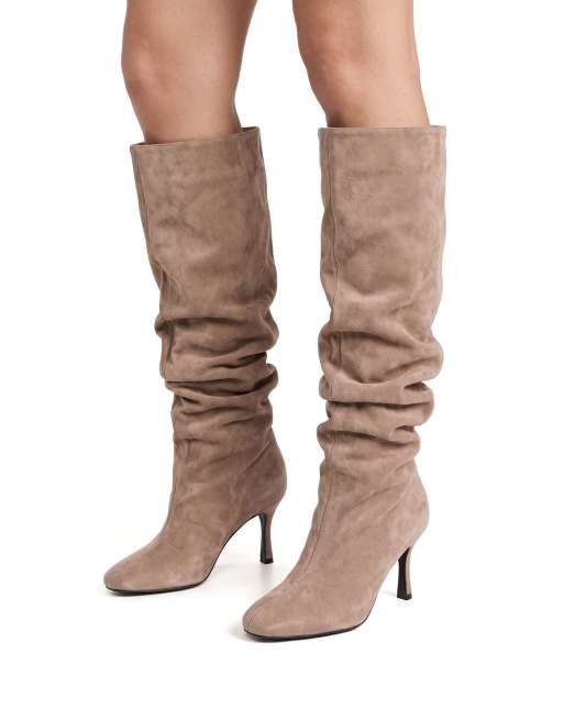 SEQWL Knee high slouch boots stiletto high heel with almond toe in taupe, 4 of 5
