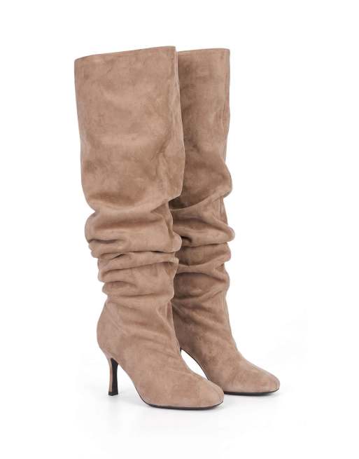 SEQWL Knee high slouch boots stiletto high heel with almond toe in taupe, 5 of 5