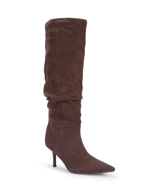 SEQWL Knee high slouch boots stiletto mid heel with pointed toe in chocolate, 3 of 5