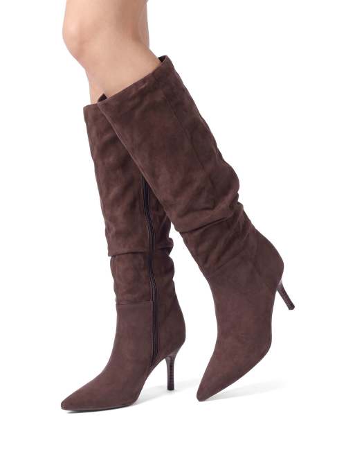 SEQWL Knee high slouch boots stiletto mid heel with pointed toe in chocolate, 4 of 5