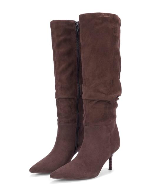 SEQWL Knee high slouch boots stiletto mid heel with pointed toe in chocolate, 5 of 5