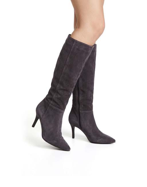 SEQWL Knee high slouch boots stiletto mid heel with pointed toe in grey, 4 of 5