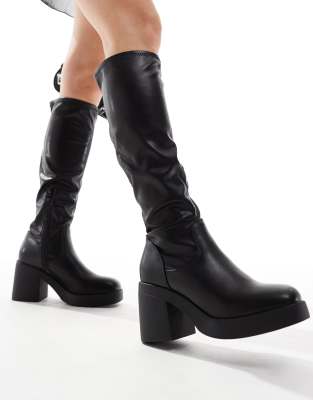 SEQWL knee high sock block heeled boots in black